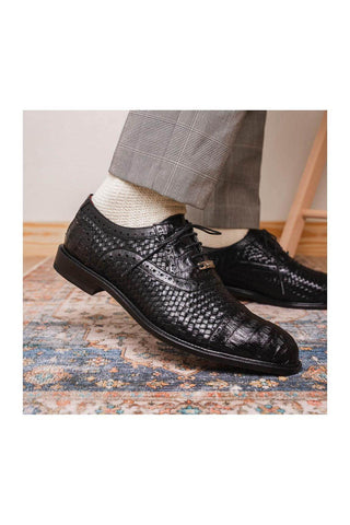 Marco Di Milano John Men's Black Shoes Exotic Caiman Crocodile / Woven Leather Oxfords (MDM1178)