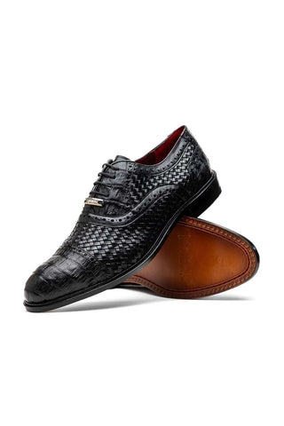Marco Di Milano John Men's Black Shoes Exotic Caiman Crocodile / Woven Leather Oxfords (MDM1178)