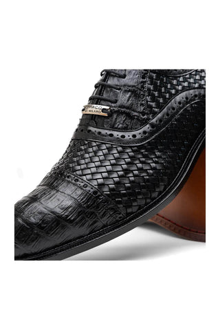 Marco Di Milano John Men's Black Shoes Exotic Caiman Crocodile / Woven Leather Oxfords (MDM1178)