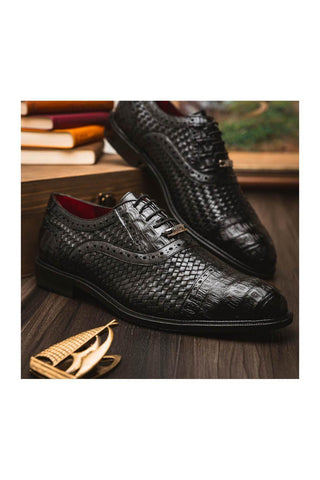 Marco Di Milano John Men's Black Shoes Exotic Caiman Crocodile / Woven Leather Oxfords (MDM1178)