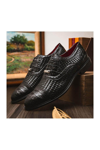 Marco Di Milano John Men's Black Shoes Exotic Caiman Crocodile / Woven Leather Oxfords (MDM1178)