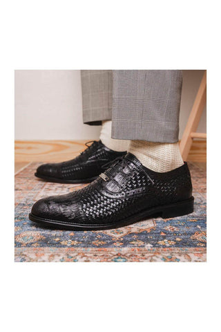 Marco Di Milano John Men's Black Shoes Exotic Caiman Crocodile / Woven Leather Oxfords (MDM1178)