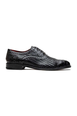Marco Di Milano John Men's Black Shoes Exotic Caiman Crocodile / Woven Leather Oxfords (MDM1178)