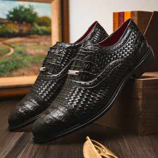 Marco Di Milano John Men's Shoes Black Exotic Caiman Crocodile / Woven Leather Dress Oxfords (MDM1178)-AmbrogioShoes