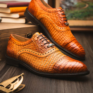 Marco Di Milano John Men's Shoes Brandy Exotic Caiman Crocodile / Woven Leather Dress Oxfords (MDM1179)-AmbrogioShoes