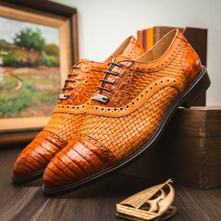 Marco Di Milano John Men's Shoes Brandy Exotic Caiman Crocodile / Woven Leather Dress Oxfords (MDM1179)-AmbrogioShoes
