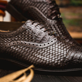 Marco Di Milano John Men's Shoes Brown Exotic Caiman Crocodile / Woven Leather Dress Oxfords (MDM1177)-AmbrogioShoes