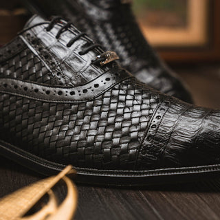 Marco Di Milano John Men's Shoes Black Exotic Caiman Crocodile / Woven Leather Dress Oxfords (MDM1178)-AmbrogioShoes