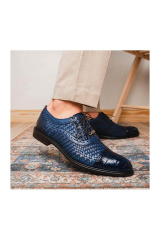 Marco Di Milano John Navy Caiman Crocodile / Woven Leather Oxfords (MDM1178)