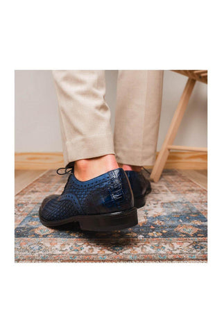 Marco Di Milano John Navy Exotic Caiman Crocodile / Woven Leather Oxfords (MDM1178)