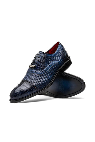 Marco Di Milano John Navy Exotic Caiman Crocodile / Woven Leather Oxfords (MDM1178)