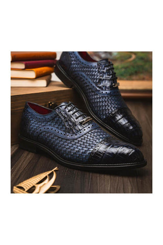 Marco Di Milano John Navy Exotic Caiman Crocodile / Woven Leather Oxfords (MDM1178)