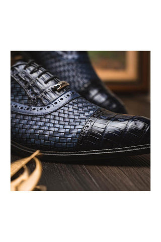 Marco Di Milano John Navy Exotic Caiman Crocodile / Woven Leather Oxfords (MDM1178)