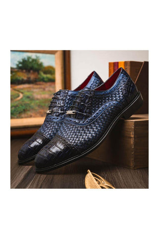 Marco Di Milano John Navy Exotic Caiman Crocodile / Woven Leather Oxfords (MDM1178)