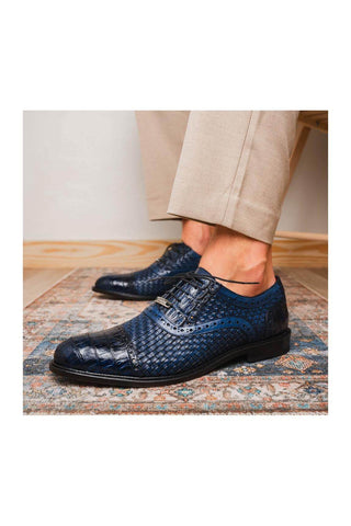 Marco Di Milano John Navy Exotic Caiman Crocodile / Woven Leather Oxfords (MDM1178)