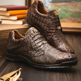 Marco Di Milano Kratos Men's Shoes Brown Exotic Caiman Crocodile Sport Sneakers (MDM1176)-AmbrogioShoes