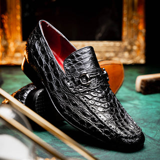 Marco Di Milano Landro Men's Shoes Black Exotic Crocodile Horsebit Loafers (MDM1023)-AmbrogioShoes