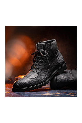 Marco Di Milano Leoni Black Genuine Caiman Crocodile Rugged Boots (MDM1089)