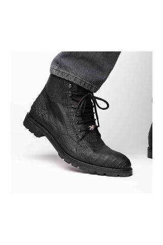 Marco Di Milano Leoni Black Genuine Caiman Crocodile Rugged Boots (MDM1089)