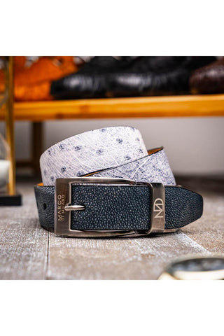 Marco Di Milano Lucca Men's Newspaper & Black Genuine Ostrich / Stingray Skin Belts (MDMB1046)