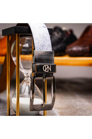 Marco Di Milano Lucca Men's Newspaper & Black Genuine Ostrich / Stingray Skin Belts (MDMB1046)