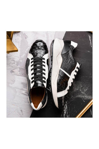 Marco Di Milano Lyon Black & White Calf-Skin / Ostrich Casual Sneakers (MDM1072)