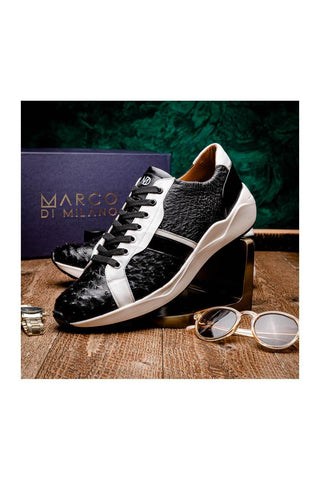 Marco Di Milano Lyon II Black & White Calf-Skin / Ostrich Leg Casual Sneakers (MDM1070)