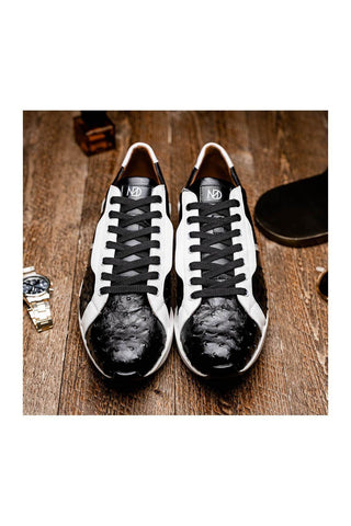 Marco Di Milano Lyon II Black & White Calf-Skin / Ostrich Leg Casual Sneakers (MDM1070)