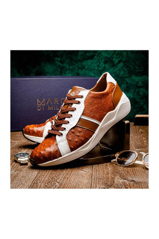 Marco Di Milano Lyon II Brandy & White Calf-Skin / Ostrich Leg Casual Sneakers (MDM1068)