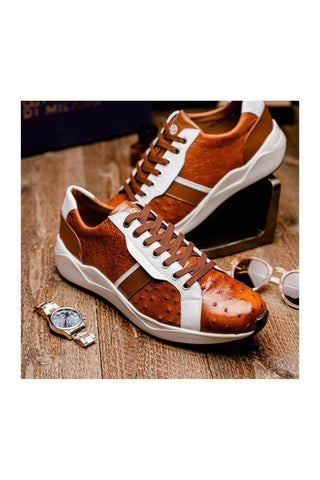Marco Di Milano Lyon II Brandy & White Calf-Skin / Ostrich Leg Casual Sneakers (MDM1068)