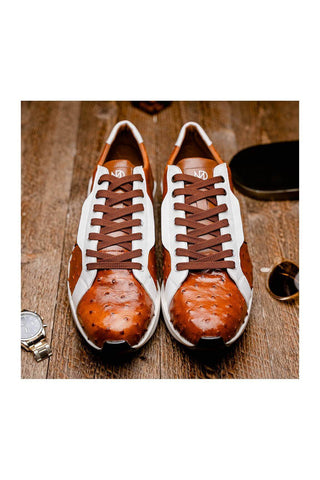 Marco Di Milano Lyon II Brandy & White Calf-Skin / Ostrich Leg Casual Sneakers (MDM1068)
