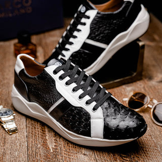 Marco Di Milano Lyon II Men's Shoes Black & White Calf-Skin / Ostrich Leg Casual Sneakers (MDM1070)-AmbrogioShoes