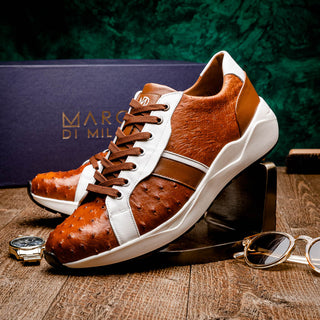 Marco Di Milano Lyon II Men's Shoes Brandy & White Calf-Skin / Ostrich Leg Casual Sneakers (MDM1068)-AmbrogioShoes