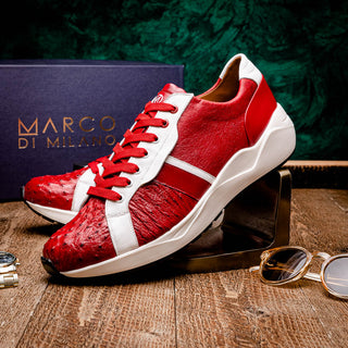 Marco Di Milano Lyon II Men's Shoes Red & White Calf-Skin / Ostrich Leg Casual Sneakers (MDM1069)-AmbrogioShoes