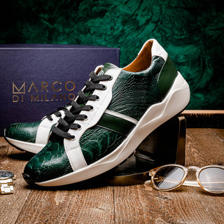 Marco Di Milano Lyon Men's Shoes Green & White Calf-Skin / Ostrich Casual Sneakers (MDM1071)-AmbrogioShoes