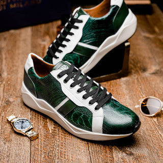 Marco Di Milano Lyon Men's Shoes Green & White Calf-Skin / Ostrich Casual Sneakers (MDM1071)-AmbrogioShoes