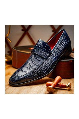 Marco Di Milano Matteo Navy Genuine Alligator Penny Loafers (MDM1182)