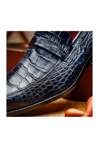 Marco Di Milano Matteo Navy Genuine Alligator Penny Loafers (MDM1182)