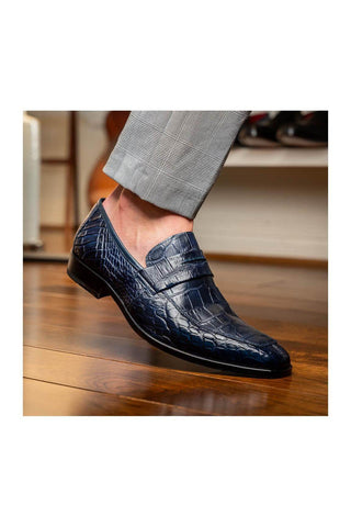Marco Di Milano Matteo Navy Genuine Alligator Penny Loafers (MDM1182)