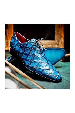 Marco Di Milano Olivieri Blue Exotic Pirarucu Leather Whole cut Oxfords (MDM1028)