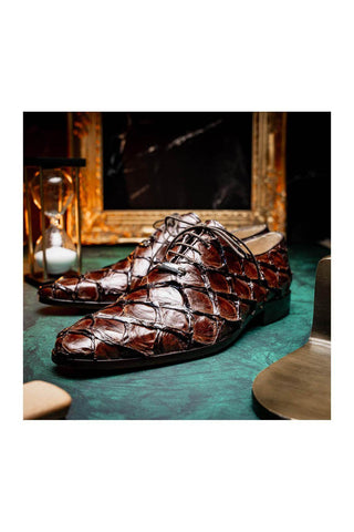 Marco Di Milano Olivieri Brown Exotic Pirarucu Leather Whole cut Oxfords (MDM1028)