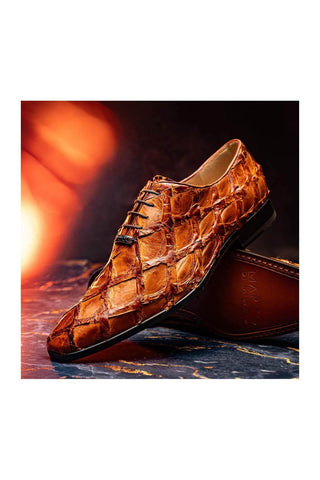Marco Di Milano Olivieri Cognac Exotic Pirarucu Leather Whole cut Oxfords (MDM1028)
