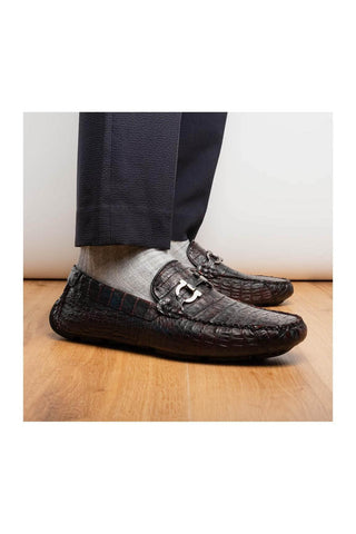 Marco Di Milano Parma Black Cherry Exotic Crocodile Moccasin Driver Horsebit Loafers (MDM1187)