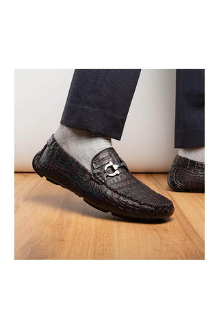 Marco Di Milano Parma Black Cherry Exotic Crocodile Moccasin Driver Horsebit Loafers (MDM1187)
