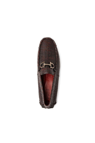 Marco Di Milano Parma Black Cherry Exotic Crocodile Moccasin Driver Horsebit Loafers (MDM1187)