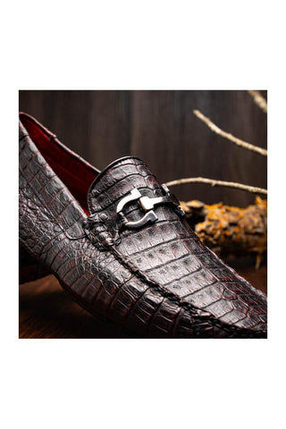 Marco Di Milano Parma Black Cherry Exotic Crocodile Moccasin Driver Horsebit Loafers (MDM1187)