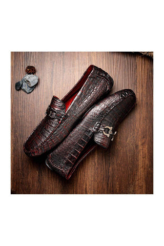 Marco Di Milano Parma Black Cherry Exotic Crocodile Moccasin Driver Horsebit Loafers (MDM1187)