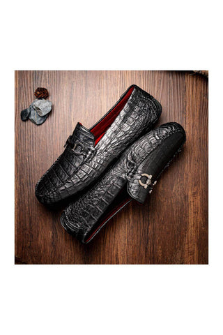 Marco Di Milano Parma Black Exotic Crocodile Moccasin Driver Horsebit Loafers (MDM1187)