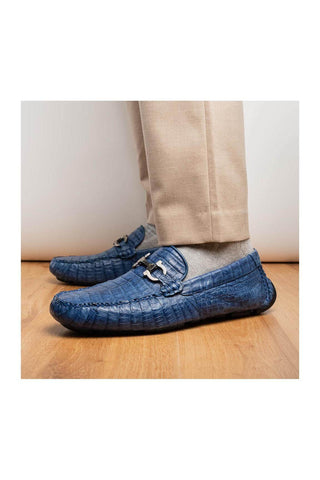 Marco Di Milano Parma Blue Jeans Crocodile Moccasin Driver Horsebit Loafers (MDM1187)