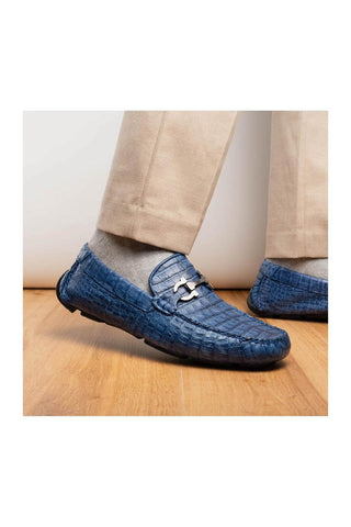 Marco Di Milano Parma Blue Jeans Crocodile Moccasin Driver Horsebit Loafers (MDM1187)